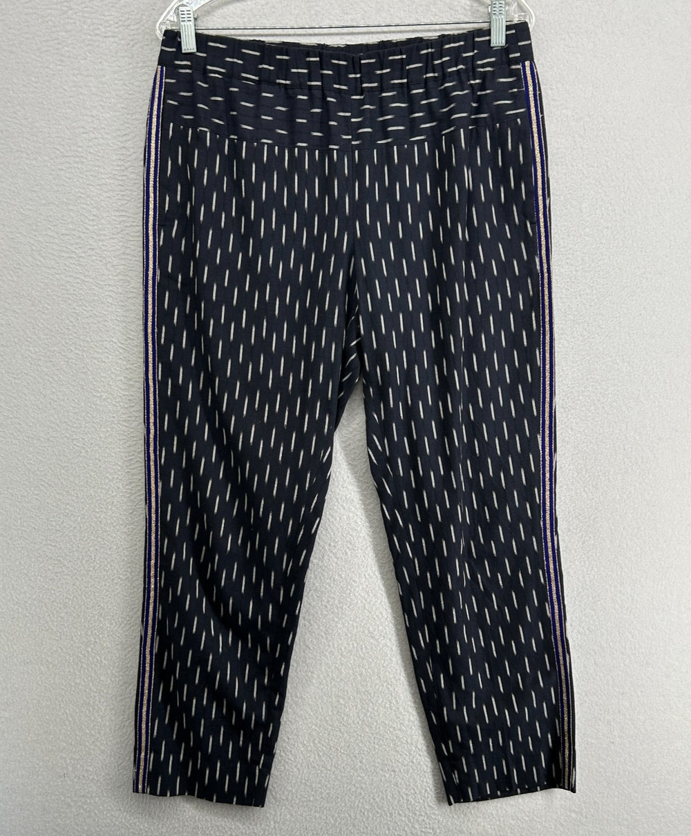 J.CREW Pants Womens 10 Pull On Ikat Cropped Metallic Tux Stripes Cotton Blue